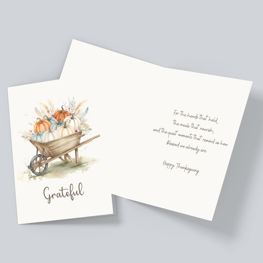 Grateful Thanksgiving Card – Rustic Pumpkin Wheelbarrow Fall Greeting
