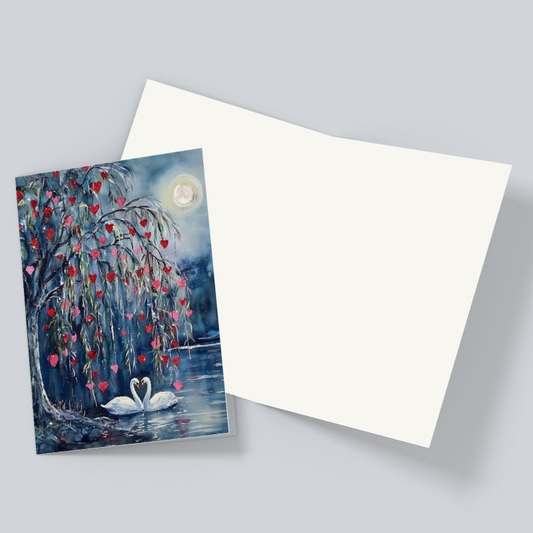 Moonlight Swan Love Greeting Card – Romantic Swan Couple Card