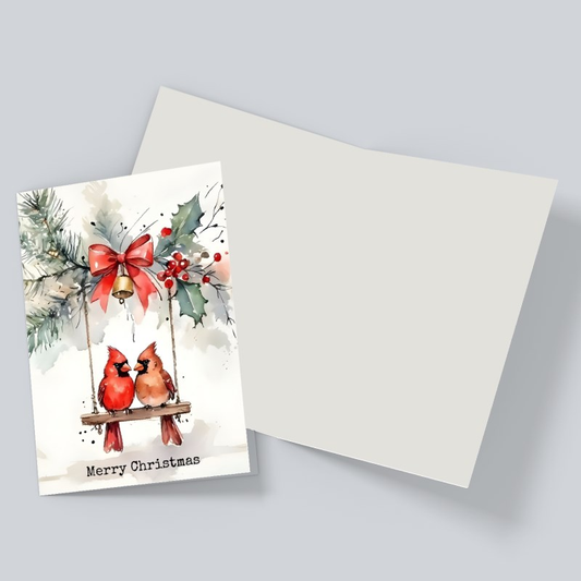 Merry Christmas Card – Watercolor Cardinals on Swing